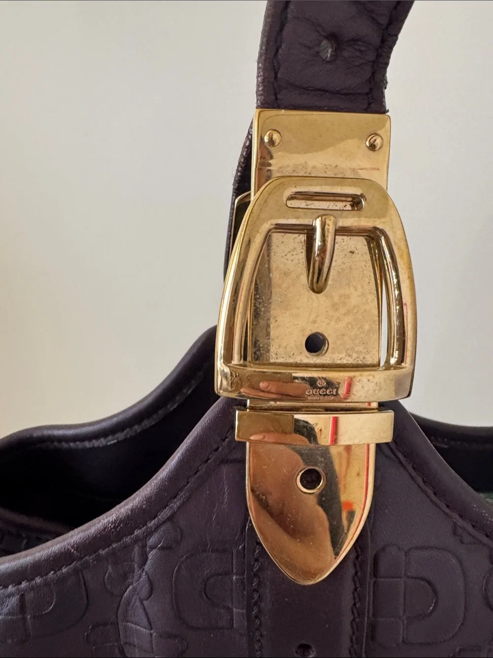 Gucci Vintage Horsebit Monogram Embossed Leather Tote Shoulder Bag Gold Hardware